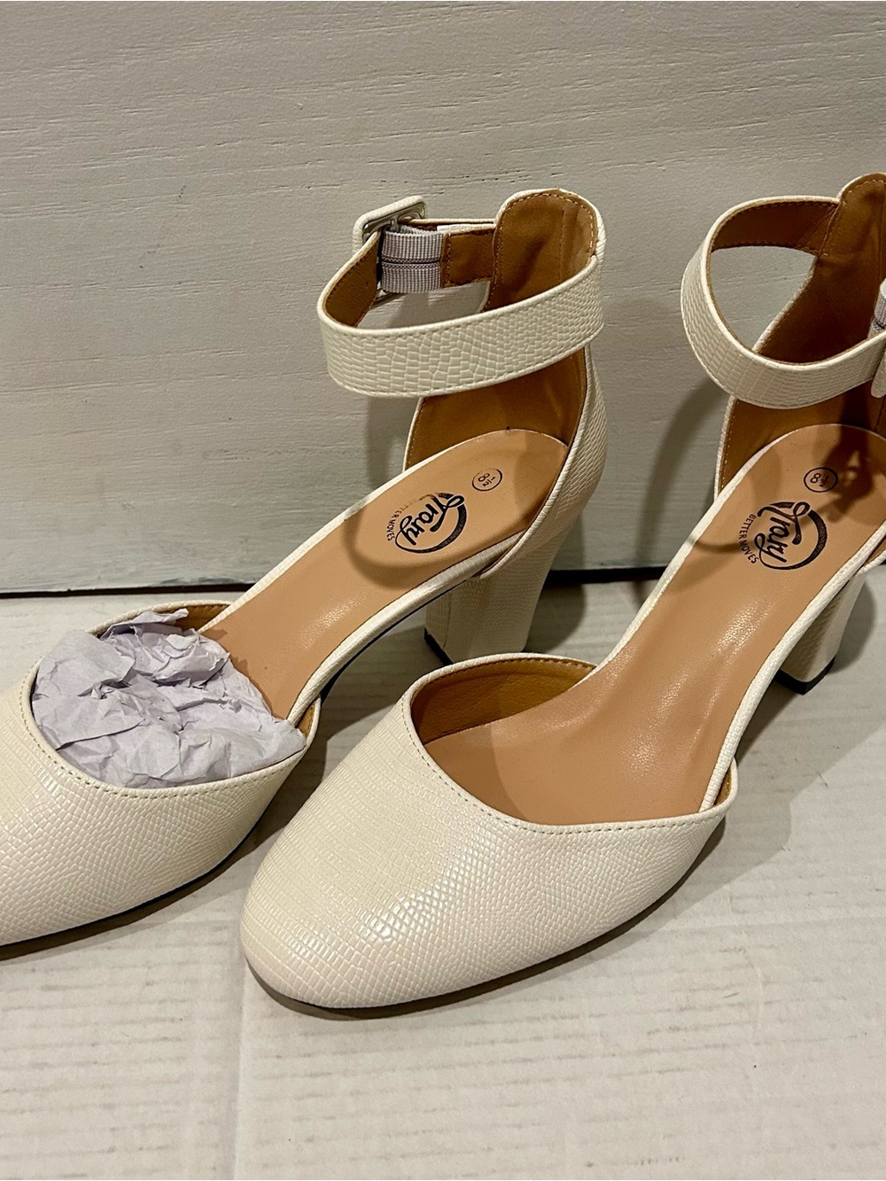 Trary Cream Textured Ankle-Strap Block Heels